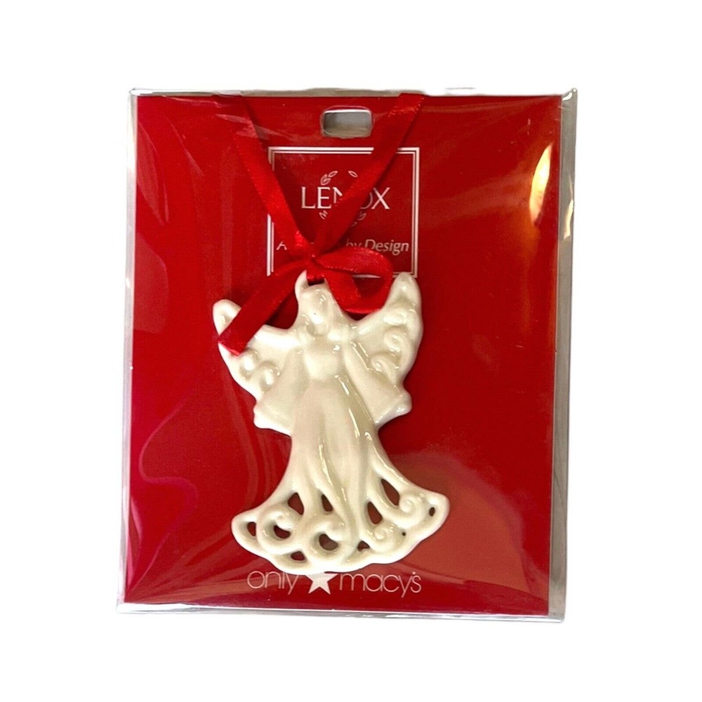 Lenox Pierced Angel Charm Christmas Ornament Cream Porcelain With Red Ribbon 3"